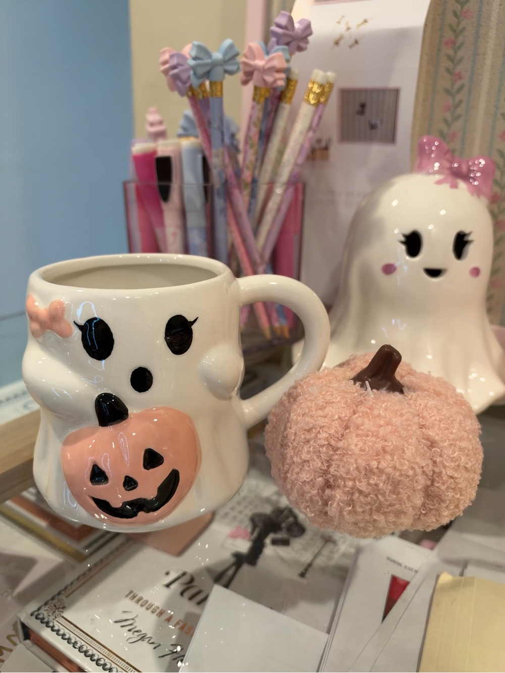 Target Pink & White Ghost Mug with Pastel Pumpkin Accent